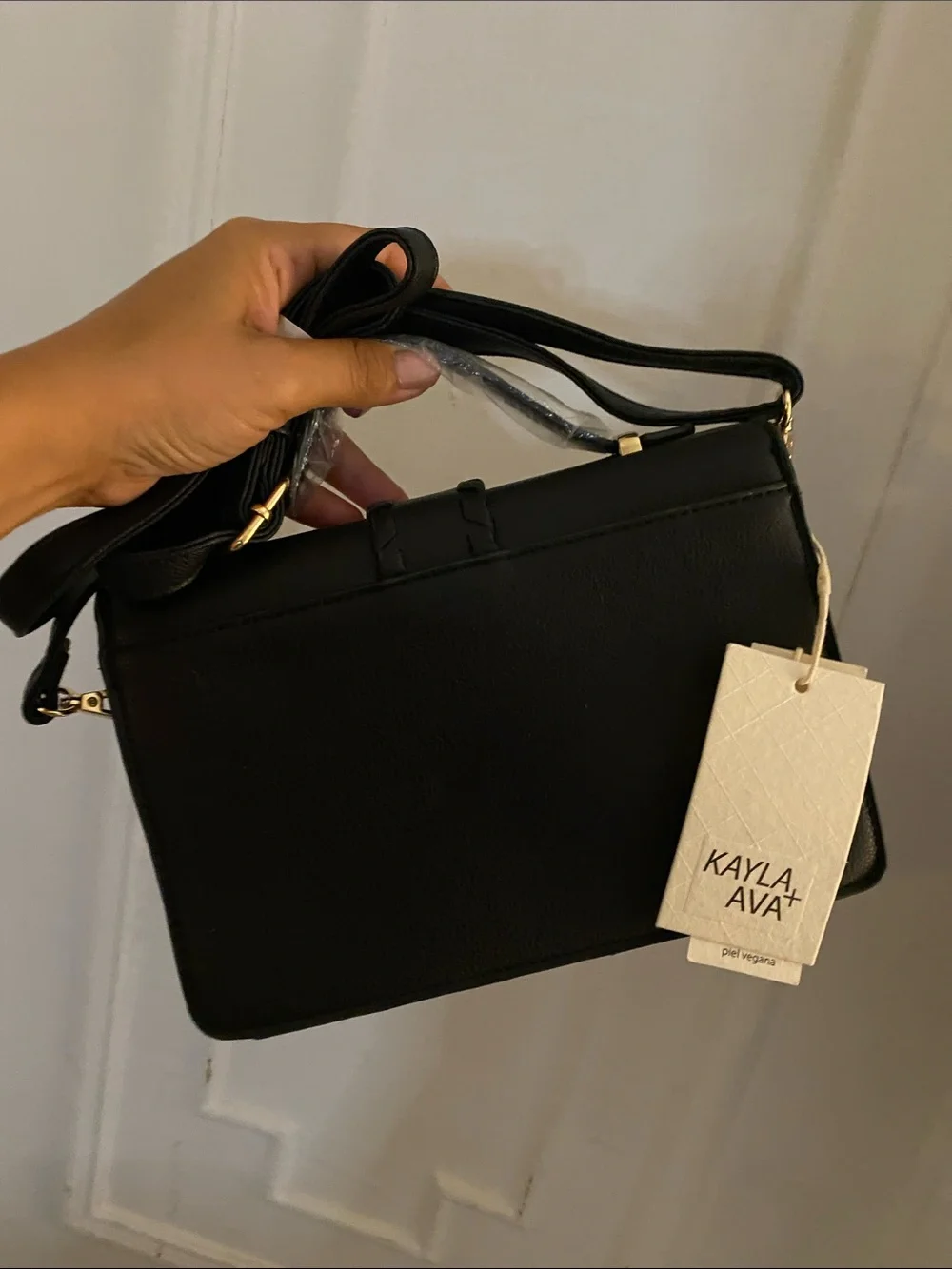 Women's Black Leather Top-Handle Crossbody Bag with Gold Padlock